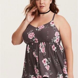 Torrid Babydoll Challis Sweetheart Tank Floral Sleeveless Top with Pink Roses